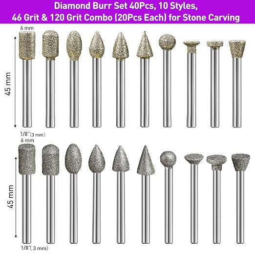 46-Grit &120-Grit Diamond Grinder Bit 1/8" Shank Compatible with Dremel Rotary Tool, 42Pcs Stone Carving Diamond Drill Bits for Carve Engrave Polish Wood Resin Porcelain Ceramic Quartz Metal
