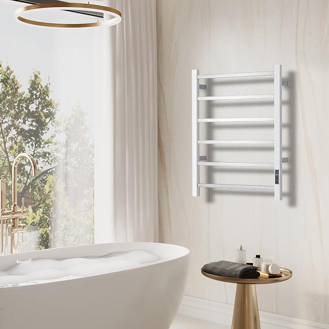 Electric Heated Towel Warmer - Wall Mounted Bathroom Towel Rack, Plug-in Design & Stainless Steel Brushed with Timer & Temperature Control 6 Bar
