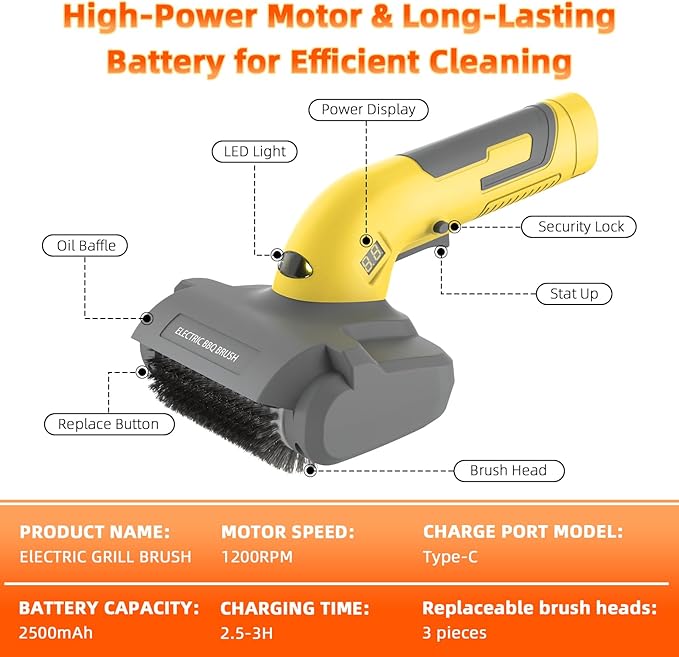 Electric Grill Brush with LED Light,3-in-1 Replaceable Brush Heads, 1200 RPM Speed, Cordless & Type-C Rechargeable Grill Cleaning Tool for Outdoor BBQ(Yellow-Gray)