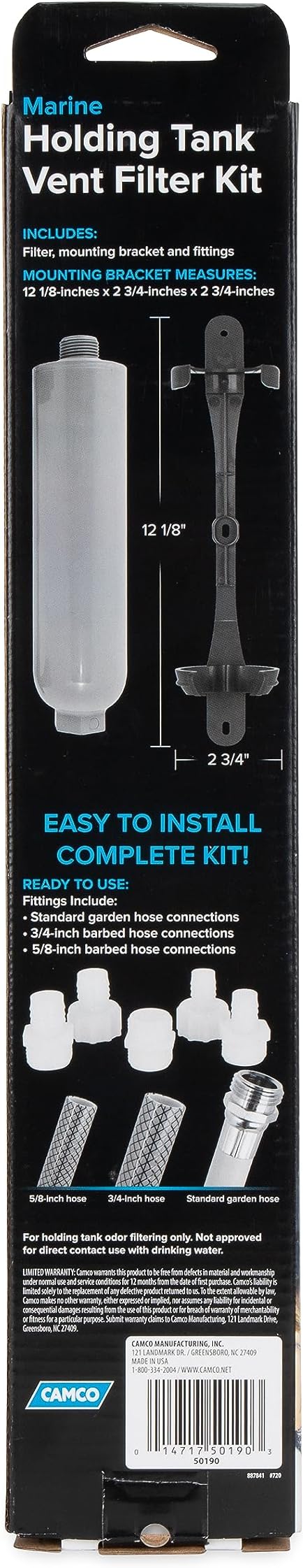Camco Marine Holding Tank Vent Filter Kit | Easy Install | Features granular Activated Carbon (GAC) for Maximum Odor Control (50190), Gray