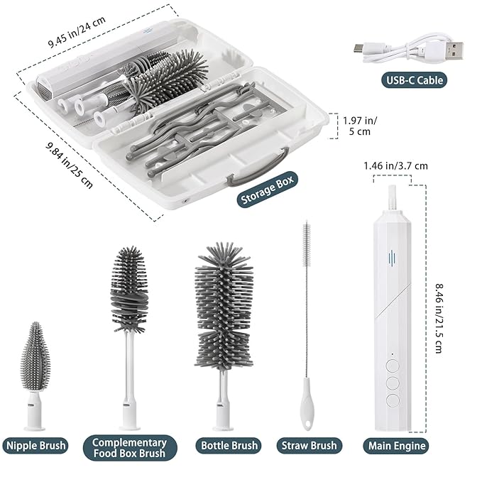 Zooawa Electric Baby Bottle Brush Cleaner,7in1 Travel kit with Rechargeable 90°Folding Elctric Bottle Cleaner & Drainage Box,Food-Grade Silicone,Long Battery Life,Nipple Brush,Straw Brush