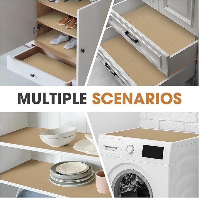 Drawer and Shelf Liner, Non-Slip Kitchen Cabinet Liners Non-Adhesive Thick Strong Grip Waterproof Washable Mats Protect Dresser Shelves Cupboard Bathroom Cabinets, Beige, 24 in X 20 FT