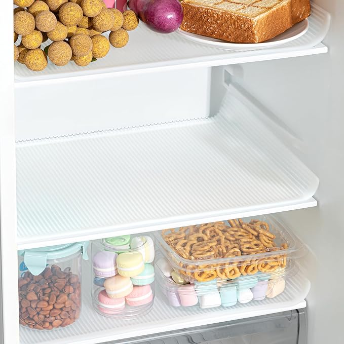 Frienda 6 Pcs Silicone Refrigerator Liner for Glass Shelves Washable, 17.7x11.6 Inch Striped Fridge Liners for Shelves, Clear Drawer Liners No Adhesive Refrigerator Shelf Liner