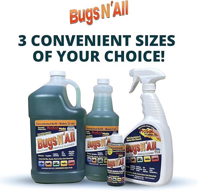 Bugs Nβ All Multipurpose Car Cleaner & Degreaser - Bug & Tar Remover Concentrate 4 oz - Exterior Cleaner Safe for Car Paint, Metal, Chrome, Aluminum, Windows & Mirrors - w/Free 32 oz Spray Bottle