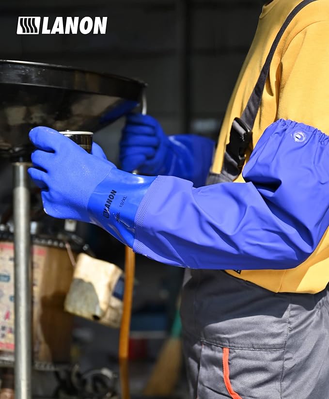 LANON 3 Pairs 26" Elbow Length PVC Chemical Resistant Gloves, Heavy-Duty Long Rubber Gloves, Acid, Alkali & Oil Protection, XL