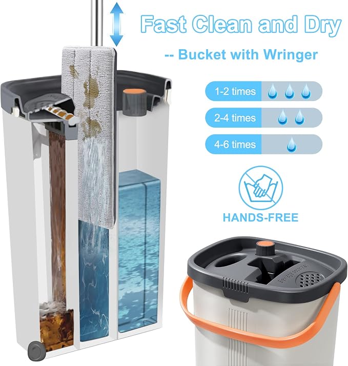 Lascpt Flat Mop and Bucket with Wringer Set, 3-Chamber Design Separates Dirty and Clean Water, Wet and Dry Use, Automatic Wringing Home Floor Wall Cleaning Mop, 4 Reusable Microfiber Mop Pads