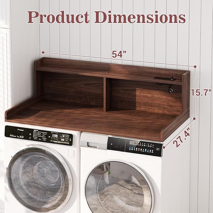 Aheaplus Washer and Dryer Countertop, 2-Tier Laundry Countertop Cover with LED Lights and Power Strip, Large Space Laundry Topper with Shelf for Laundry Room Organization, Brown