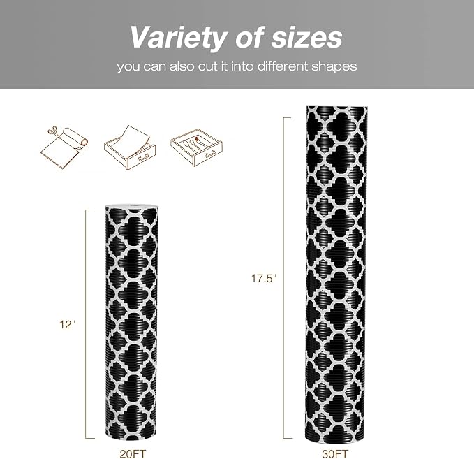 Glotoch Shelf Liners for Kitchen Cabinets 17.5โ x 30 ft, Non Slip Drawer Liner, Waterproof Cabinet Liner for Wire/Pantry/Closet/Dresser-Non Adhesive, Heavy Duty, Quatrefoil, Black&White