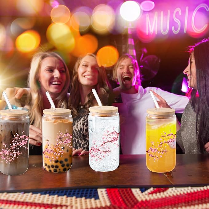 Sliner 2 Pcs Cherry Blossom Glass Cups Floral Drinking Glasses Sakura Iced Coffee Tumbler with Lid Straw Cleaning Brush 16 oz Beer Can Tumbler Holiday Gifts for Home Office Decorations