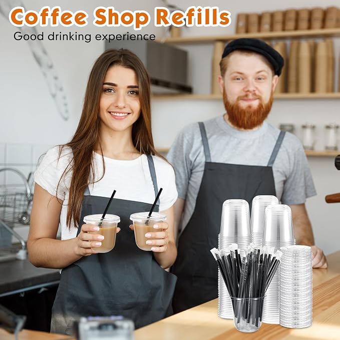 Ziliny 100 Set Clear Plastic Cups with Lids and Straws, Disposable Iced Coffee PET Cups for Drinking Cold Beverage Juice Parfait Smoothie Milkshake Coffee Shops Party Supplies (10 oz)