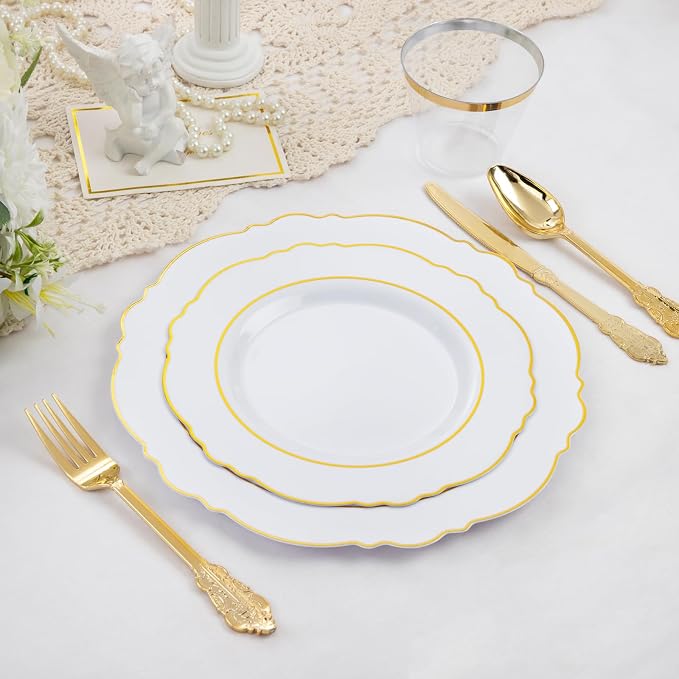 Liacere 350PCS Gold Plastic Plates-Disposable White and Gold Plates 50guest Baroque Plastic Dinnerware include 100Plates, 50Pack Pre Rolled Napkins with Silverware 50Cups for Wedding & Party