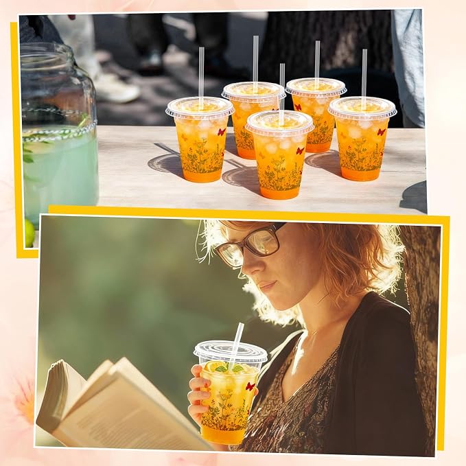 Vesici 100 Pcs Floral Plastic Cups 12 oz Floral Botanical Clear Spring Disposable Cups with Lid and Straws for Spring Summer Birthday Wedding Bridal Baby Shower Party Supplies(Wildflower)
