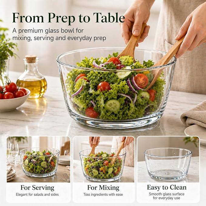 Glass Salad Spinner 3.2 Qt, Small Salad Spinner with Glass Bowl Removable Lid for Easy Cleaning Dishwasher Safe Glass Bowl Vegetable and Fruit Washer Dryer with Drain Spout Crank Handle White