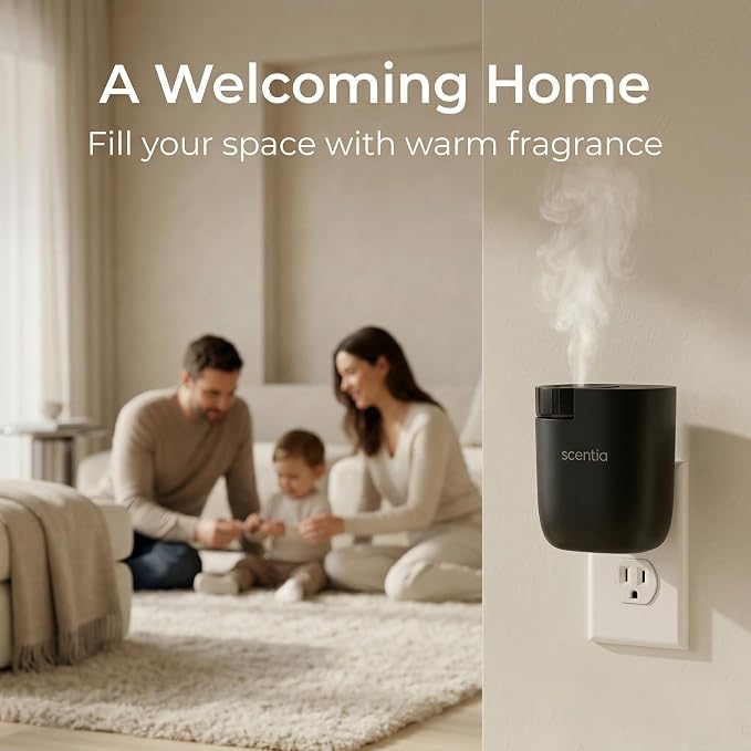 Scentia Waterless Plug-in Scent Diffuser for Home & Office with App Control, Cold-Air Diffuser, 600 Sq Ft Coverage, Hotel-Inspired Essential Oil Blend Included, Housewarming Gift – Scentia, Black