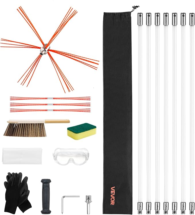 VEVOR Chimney Sweep Kit, 23 ft Maximum Extendable Length Chimney Brush, Chimneys Cleaning Kit with Bristle Replacements & Goggles, 90° Bendable Fireplace Cleaning Tool, for Square, Rectangle Chimneys