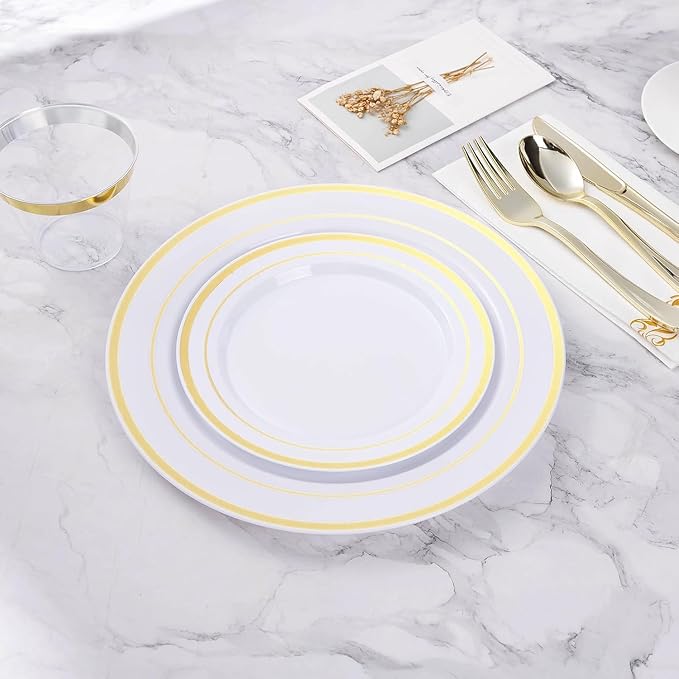 BESTVIP 200PCS Gold Plastic Plates, 10.25 Inch Disposable Dinner Plate Party with Gold Rim for Christmas, Thanksgiving, Heavy Duty Disposable Plastic Plates for Party, Wedding and Birthday, Events