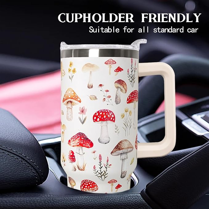 Ceovfoi 40 Oz Mushroom Stainless Steel Coffee Travel Mug Cup Water Bottle Tumbler with Handle Lid and Straw,Mushroom Decor,Mushroom Gifts for Women