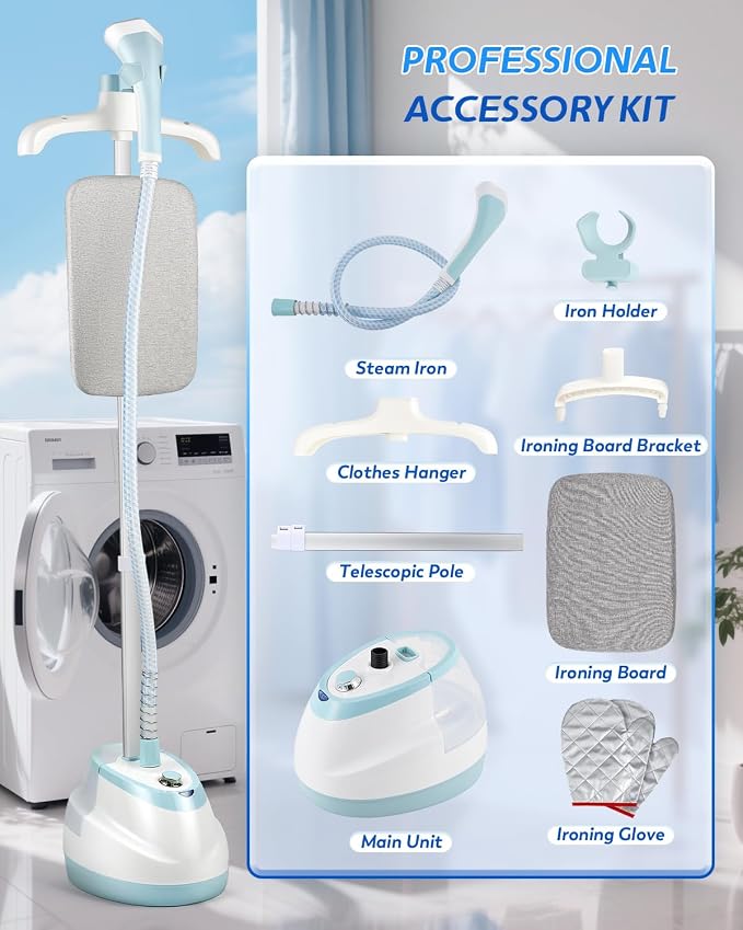 Garment Steamer for Clothes Standing Flat Hanging Ironing Suitable for All Fabric Types, Rapid Heats in 25s for 1 Hour Continuous Steam, with Garment Hanger, Ironing Board, Ironing Gloves