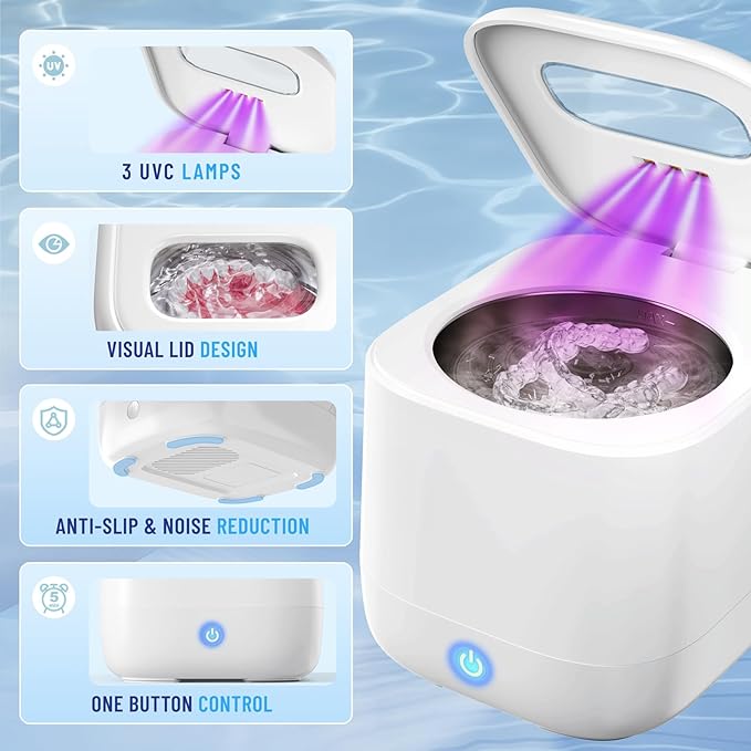 Sonolab Ultrasonic Retainer Cleaner Machine with 2 Removable/Replaceable Tanks, 45kHz Sonic Dental Cleaning Pod, 240ml Large Capacity Ultrasonic UV Cleaner for Dentures, Aligners, Mouth Guards