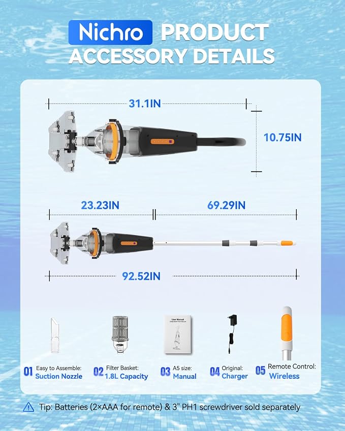 Wireless Remote Pool Vacuum, Cordless Pool Vacuum for Above Ground & Inground Pools, 18.5 GPM Powerful Suction, 75 Min Runtime, 69.3" Telescopic Pole for Spa & Hot Tub
