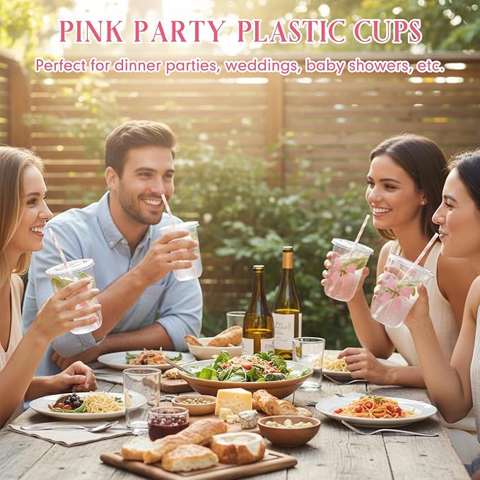 LemonRoad 50sets 16oz Pink Bow Cups Pink Birthday Party Decorations Supplies Cute Plastic Cups Disposable with Lids and Straws for Valentines Galentines Day Christmas Wedding Baby Shower Decorations