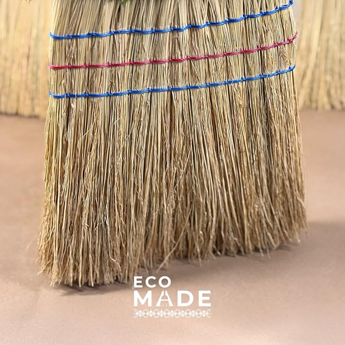 Handmade Corn Broom with Wood Handle 56 Inch - Traditional Heavy Duty Outdoor Broom for Sweeping Indoor Floors, Natural Straw Sweeper for Carpet Hardwood Yard