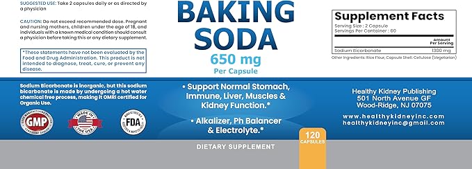 Natural Baking Soda Capsules - 650mg Baking Soda Tablets for Kidney & Stomach Acid - Sodium Bicarbonate Pills, Bicarbonate of Soda, Bicarbonato de Sodio para Tomar, Sodium Bicarbonate 650 mg Tablets