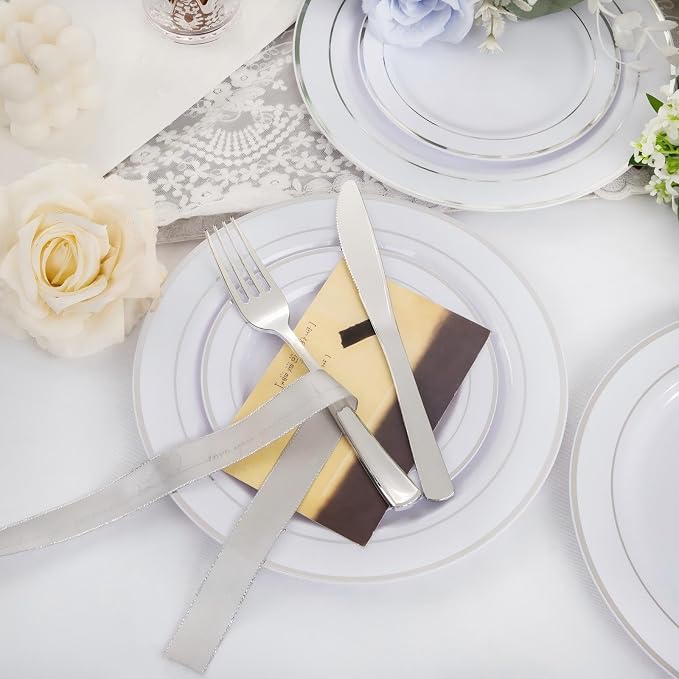 GATHER 350PCS Silver Plastic Plates - White and Silver Disposable Plates for 50 Guests Includes 100 Plate, 50 Napkins, 150 Silvery Cutlery and 50 Cups for Party & Wedding