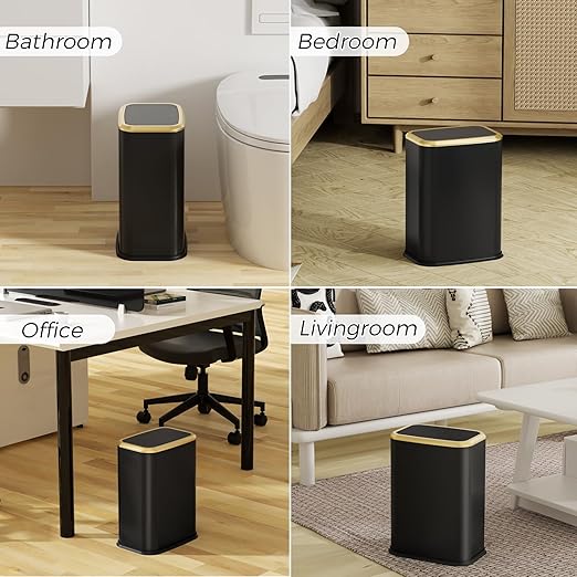 Bathroom Trash Can with Lid 8L/2.1 Gallon Black Trash Can Small Garbage Can with Swing Top Lid Slim Stainless Steel Garbage Can with 100 Counts Trash Bags for Bathroom Bedroom Kitchen Office Toilet