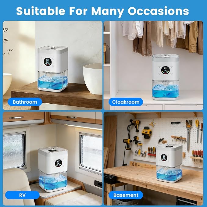 Small Dehumidifier for Bathroom β 63oz 35dB Quiet Auto Dehumidify (60/70%) & Continuous Mode for Bedroom Basement Closet RV, Auto Defrost & Auto Shut-Off, 7-Color Flowing Night Light & Timer.