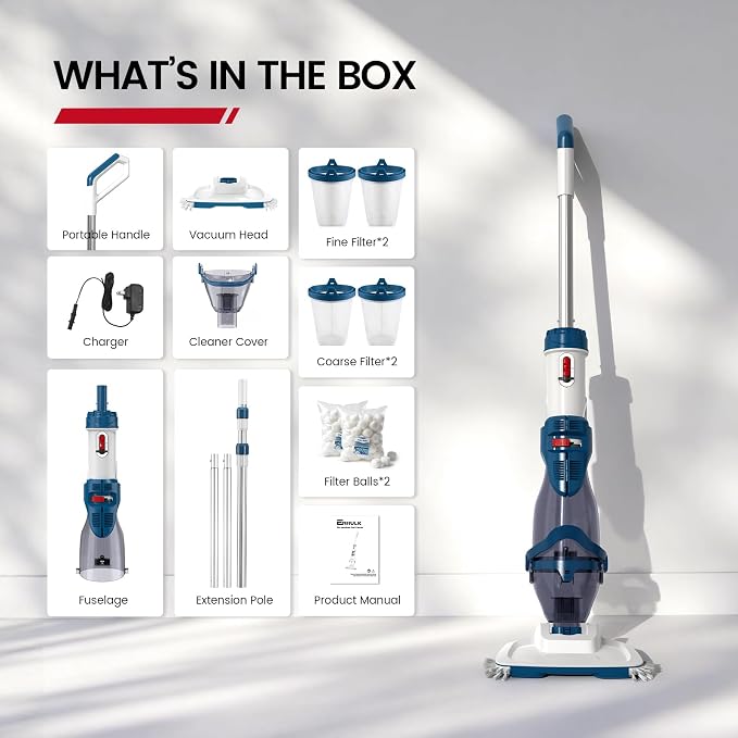 ENHULK PC20 Pro Cordless Pool Vacuum, Upgraded Dual Mode, 22 GPM Powerful Suction, 150" Telescopic Pole, 6 Filter Units, 75 Minutes Runtime, Handheld Pool Cleaner for Above/Inground Pools