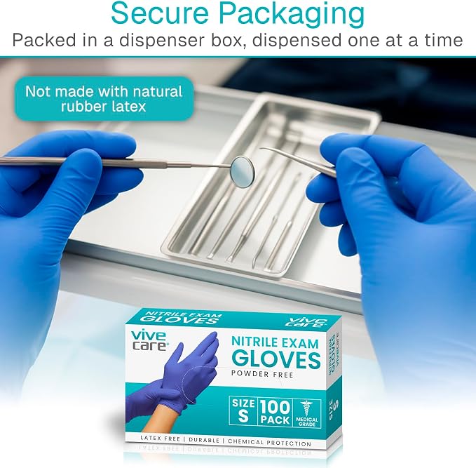 Vive Powder Free Nitrile Exam Gloves - Blue, Disposable, Latex-Free - For Medical Exams