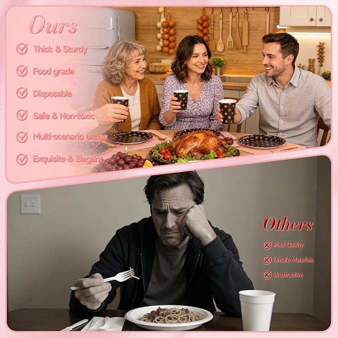 200PCS Black and Rose Gold Paper Plates Party Supplies Severs 25 Guests Disposable Paper Plates Set, 7’’&9’’ Paper Plates Cups Napkins Forks Set for Birthday, Mothers Day, Baby Shower Wedding