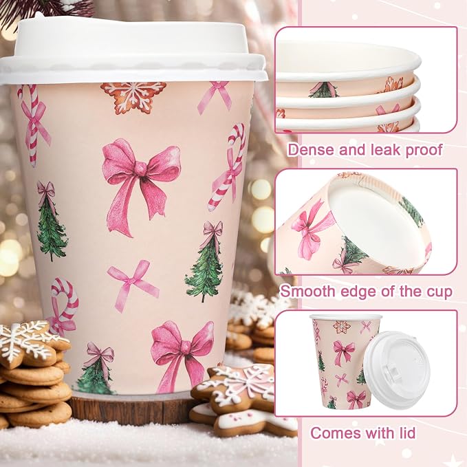 Gerrii 100 Set Christmas Paper Cups Disposable 12 oz with Lids Hot Chocolate Coffee Cups for Hot and Cold Drinks Tea Water Bar Supplies Holiday Winter Season (Pink Bow)