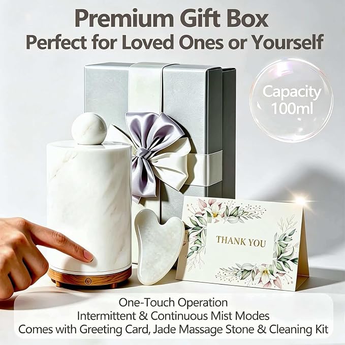 Marble Essential Oil Diffuser Machine Scent Air Humidifier for Home and Bedroom Spas Self Care Wellness Gift Set for Woman Stone Aromatherapy Diffuser (Alabaster, Cylindrical, 100, Milliliters)