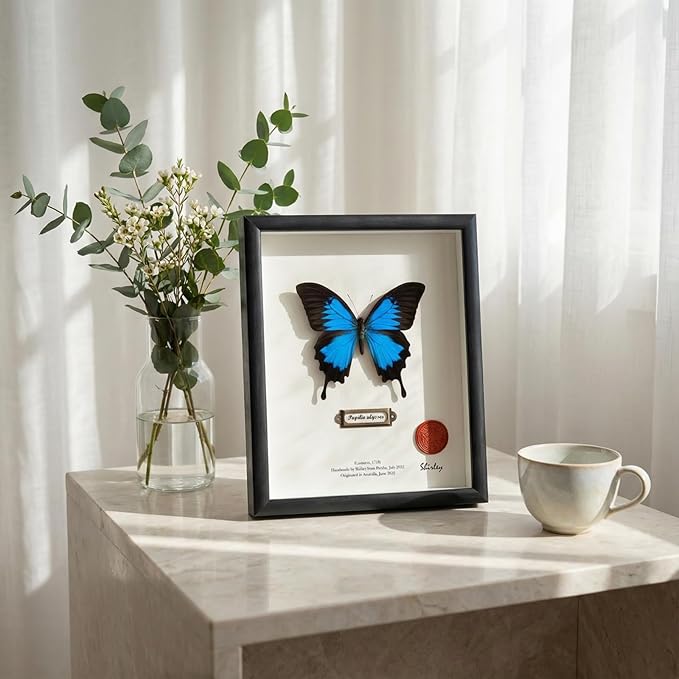 ArsVenciik Real Framed Butterfly Specimen - Preserved Papilio ulysses (Blue Emperor) - Electric Blue Taxidermy Shadow Box - Handmade Entomology Art & Gift for Nature Lovers