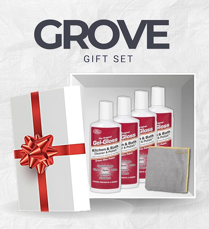 4x Gel-Gloss Kitchen & Bath Cleaner & Polish 8 oz Bundle with Microfiber – Cleans, Protects, and Restores Luster on Acrylic, Corian, Porcelain, Ceramic, and Stainless Steel – Gift Set (5 Items)