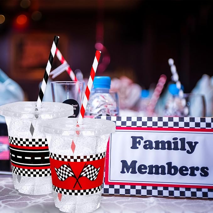 FYSUIMU 50Pcs Race Car Birthday Disposable Plastic Cups with Lids and Straws 12Oz Red Black Checkered Flag Race Track Cold Beverage Drink Cups for Racing Car Party Supplies