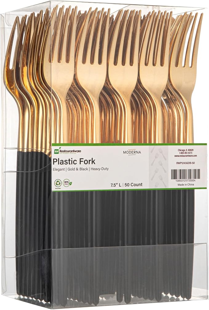 Restaurantware-Moderna 7.5 Inch Fancy Flatware, 50 Durable Plastic Flatware - With Black Handle For Grip, Heavy-duty, Gold Plastic Forks, Easily Disposable Or Restaurants