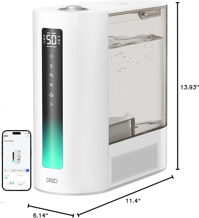 DREO 6L Humidifiers for Bedroom, Smart Warm & Cool Mist for Large Room, 60Hr Quiet Runtime for Baby, Plant, Humidity Sensor, Indicator Light, 12H Timer, Google/Alexa, Grey