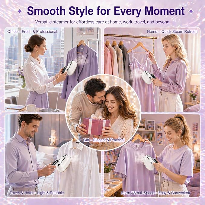 Portable Travel Steamer for Clothes, 1200W Handheld Garment Steamer with 20s Fast Heat-Up, 2-in-1 Steam Iron for Vertical & Flat Ironing, 6 Fabric Modes, Self-Cleaning, 160ml Tank