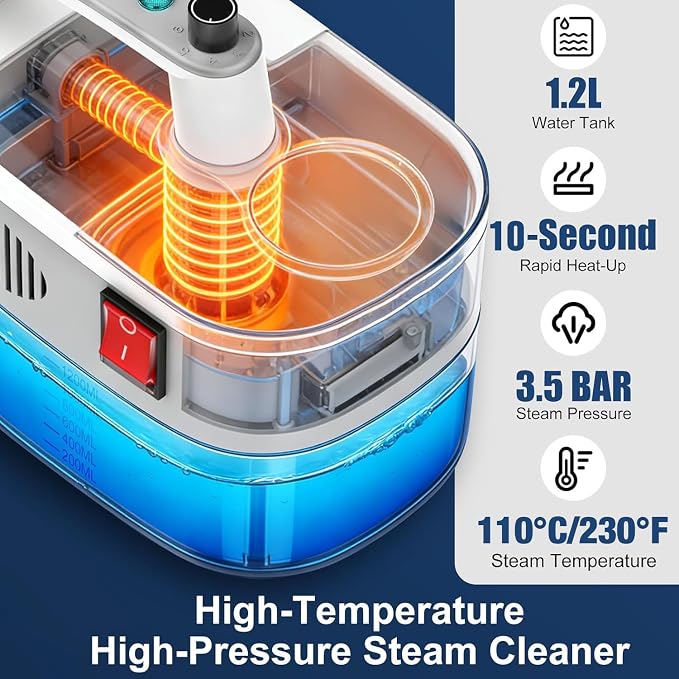 Steam Cleaner, 6-Level Adjustable Steamer for Cleaning, 10s Heat-Up,1.2L Large Tank, 2500W Portable Handheld Steam Cleaner, Multi-Surface Steam Cleaner for Home Car Kitchen Bathroom Grout Window