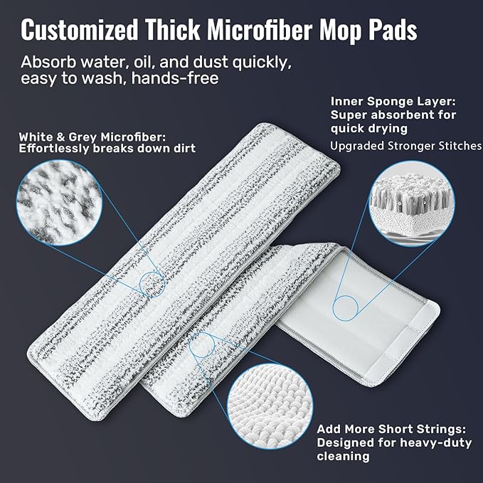 HoMettler Mop and Bucket Set with Wringer, 3-Tank Flat Mop and Bucket System, Wall Mop Cleaner with Long Handle, Hands Free Mops for Floor Cleaning with 4 Microfiber Pads
