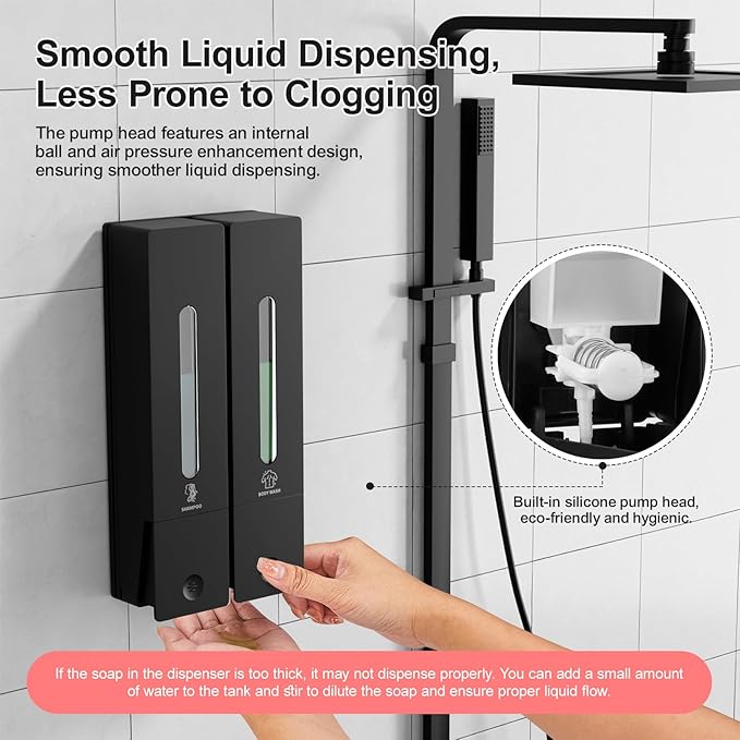 Shampoo and Conditioner Dispenser 2-Chamber Wall-Mounted Shower Soap Dispenser, No-Drill Installation, 800ML Capacity, Ideal for Bathrooms