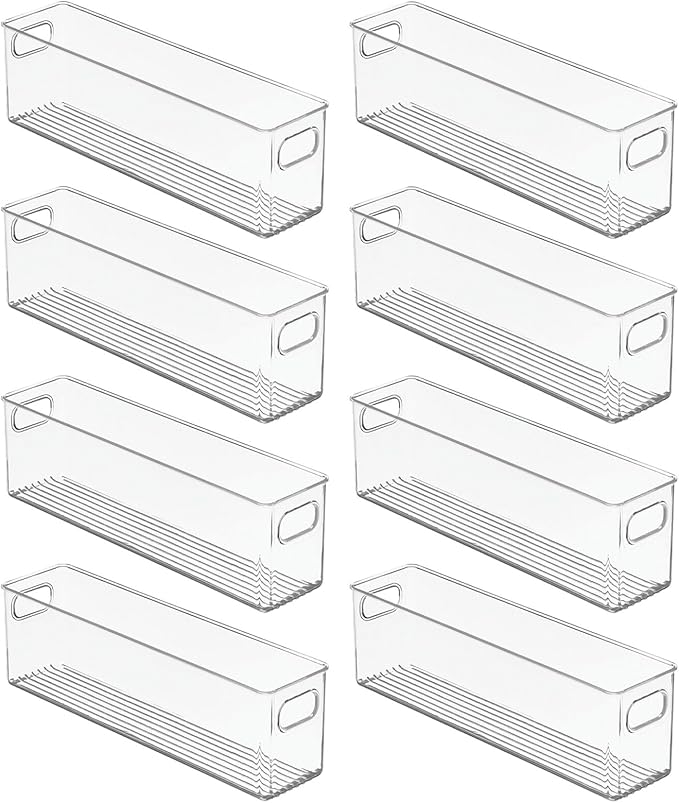 mDesign Plastic Bathroom Storage Container Bins w/ Handles - Closet, Cabinet, Vanity, Cupboard Shelf Organization, Hair Tools Accessory Organizer - Ligne Collection; Clear, 5x3.75x16 (Pack of 8)