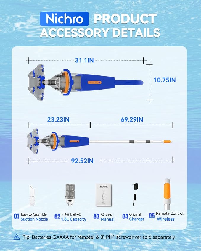 Pool Vacuum for Above Ground & Inground Pools, Handheld Pool Vacuum Cleaner with Wireless Remote, Dual Cleaning Heads, 69.3" Telescopic Pole, 18.5 GPM Suction, 75 Min Runtime for Spa & Hot Tub, Blue