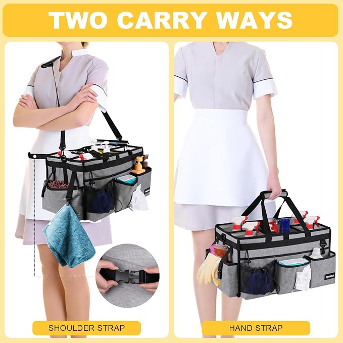 Extra Large Cleaning Caddy Bag with Rigid Support Board, Cleaning Organizer Tote with Detachable Divider, Adjustable Shoulder Strap & Waist Belt, Cleaning Supply Carrier for Cleaners & Housekeepers | Portable