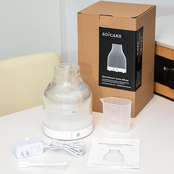 Elegant Glass Reservoir Essential Oil Diffuser 200ML, One Button Control Glass Diffuser with Rainbow Colors for Home Office Bedroom Gift