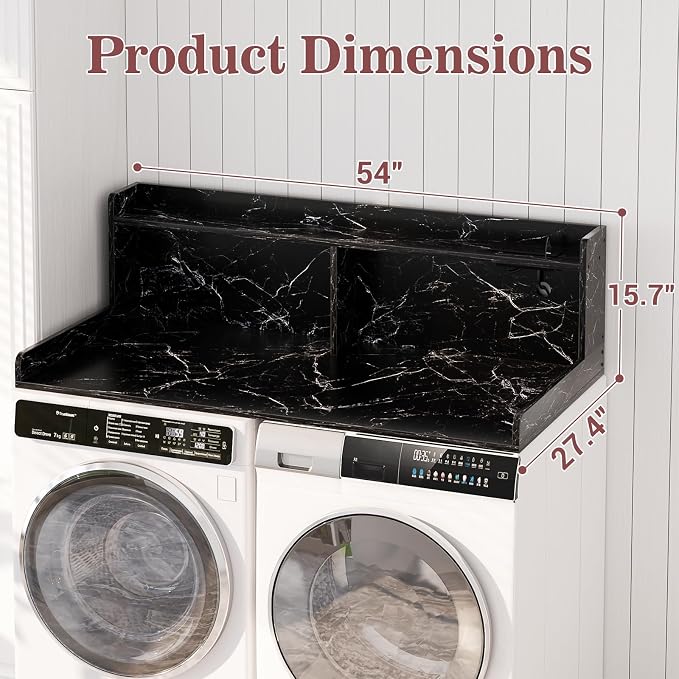 Aheaplus Washer and Dryer Countertop, 2-Tier Laundry Countertop Cover with LED Lights and Power Strip, Large Space Laundry Topper with Shelf for Laundry Room Organization, Black Marble