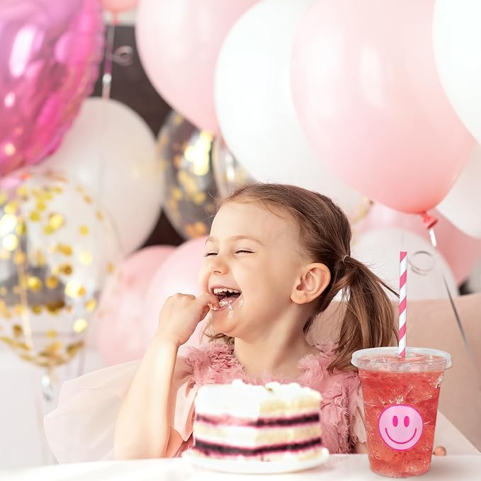 Whaline 50 Pcs Preppy Smile Face Cups with Lids and Straws 12oz Pink Happy Face Disposable Plastic Party Cups Happy Smile Cold Beverage Drinking Cup for Birthday Party Baby Shower Wedding